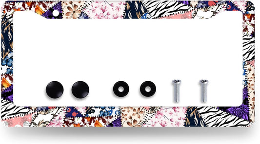 Abstract Art Flowers License Plate Frame Colorful Floral License Plate Holder Stainless Steel Funny Design 12.3" x 6.3"Compatible with Standard License Plate for USA Canada