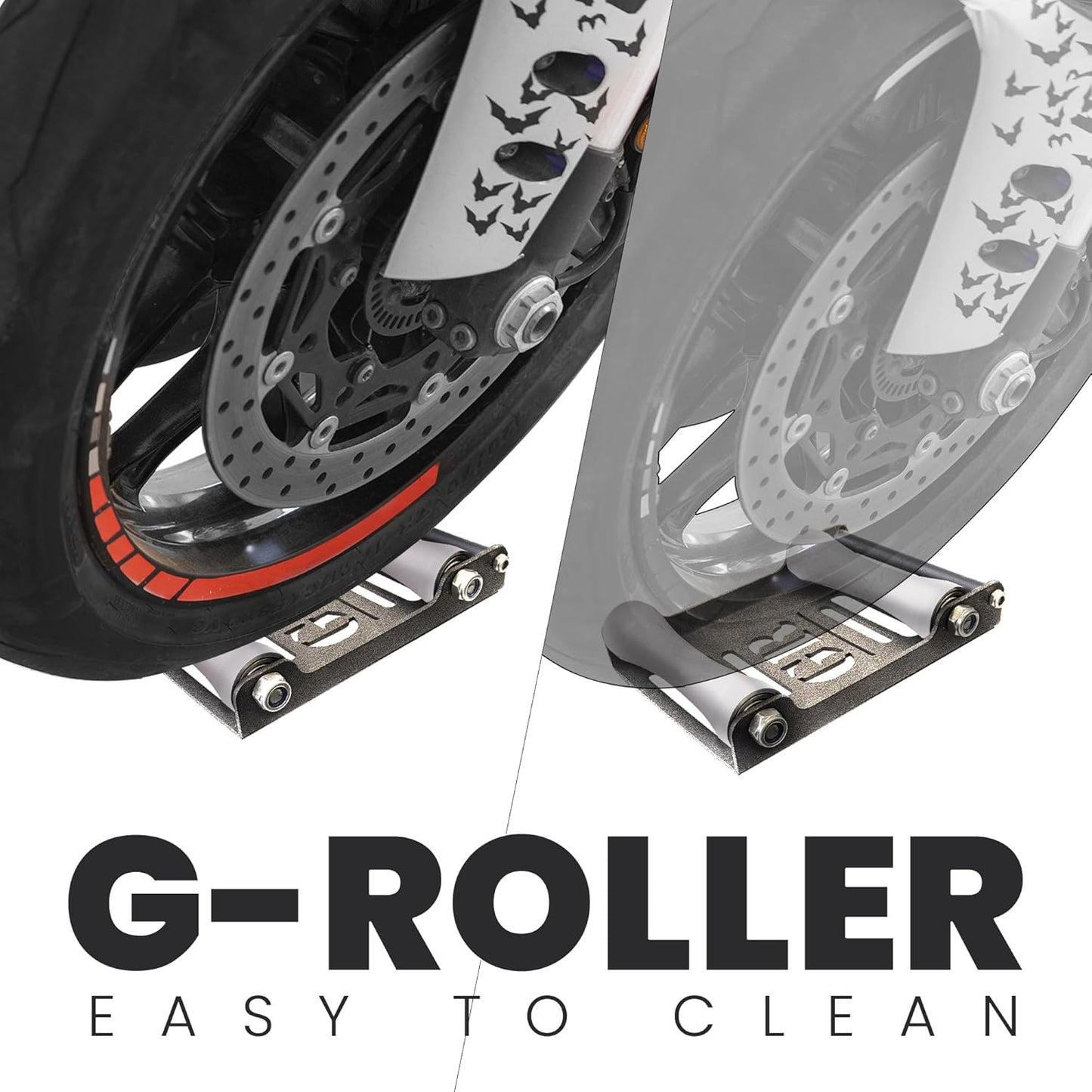 GRAND PITSTOP Motorcycle Roller Wheel Cleaning Stand - Paddock Stand Replacement - Wheel Roller Stand with Ramp Support for tire Cleaning & Chain Lubrication (Roller Large Antic Silver)