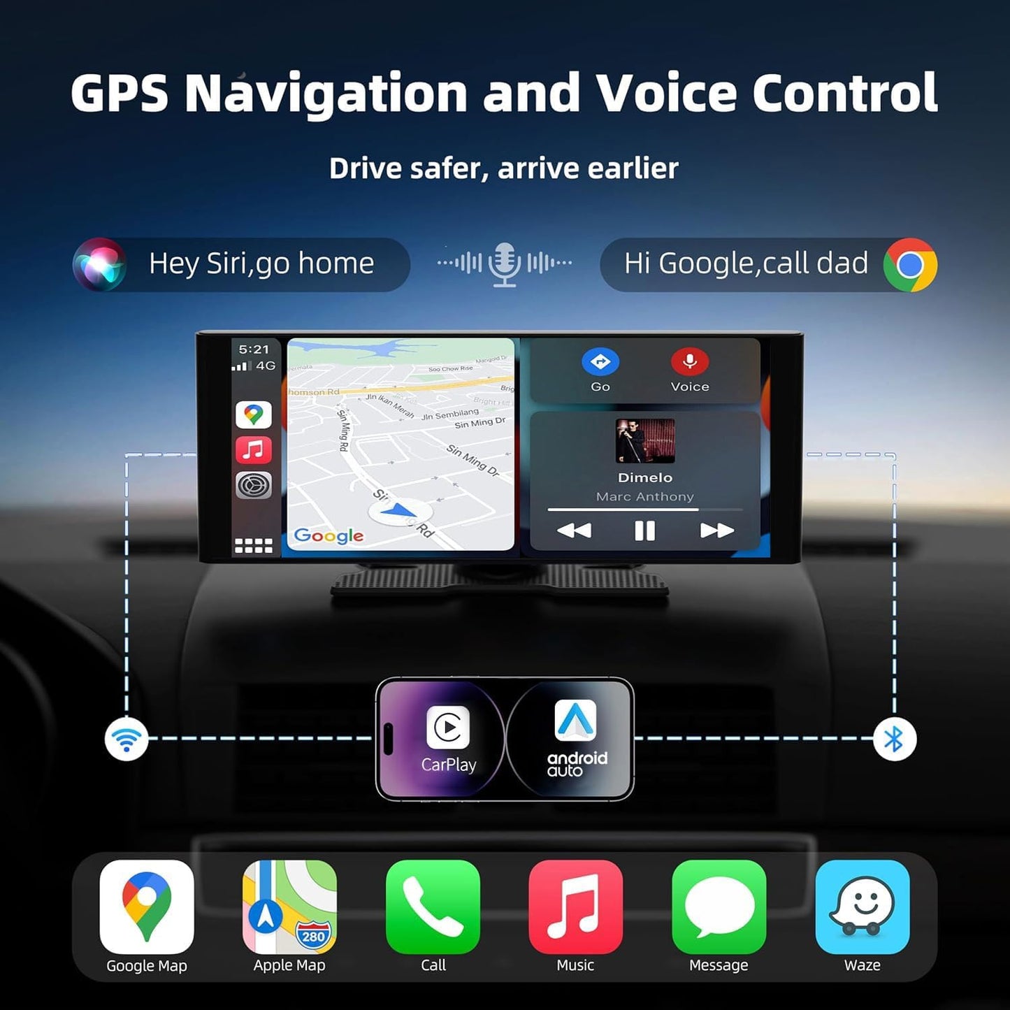 Wireless Carplay Screen for Car, 10.26" HD Touchscreen with 4K Dash Cam Portable Carplay & Android Auto Car Stereo with Backup Camera, GPS Navigation Mirror Link, Bluetooth, FM, Siri