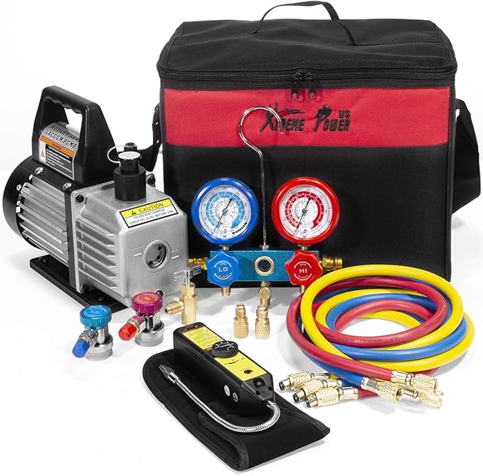 XtremepowerUS Premium 4CFM Air Vacuum Pump HVAC A/C Refrigeration Kit AC Manifold Gauge Case Set R134a Tap w/Leak Detector and Carrying Tote Bag