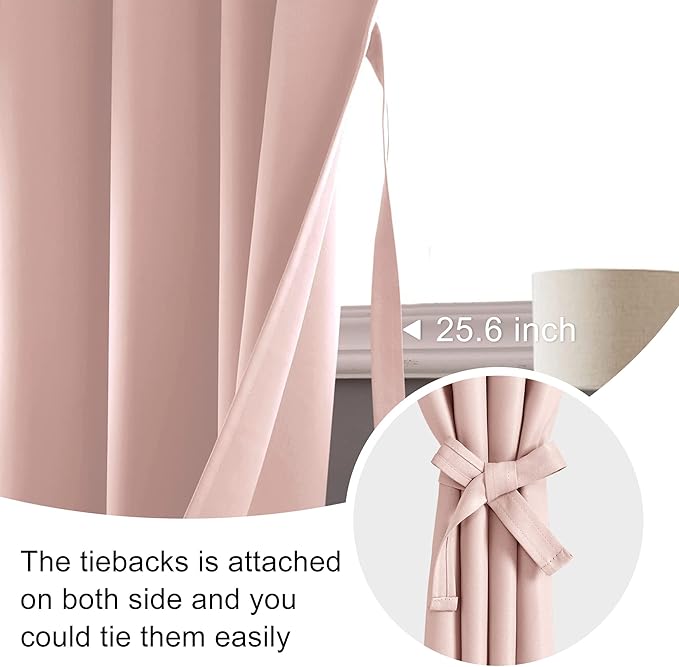 JIUZHEN Pink Blackout Curtains for Gril Room - Thermal Insulated Light Blocking Curtains, Room Darkening Rod Pocket Curtains for Living Room, Set of 2 Panels with Tiebacks, 42 x 63 Inch Length