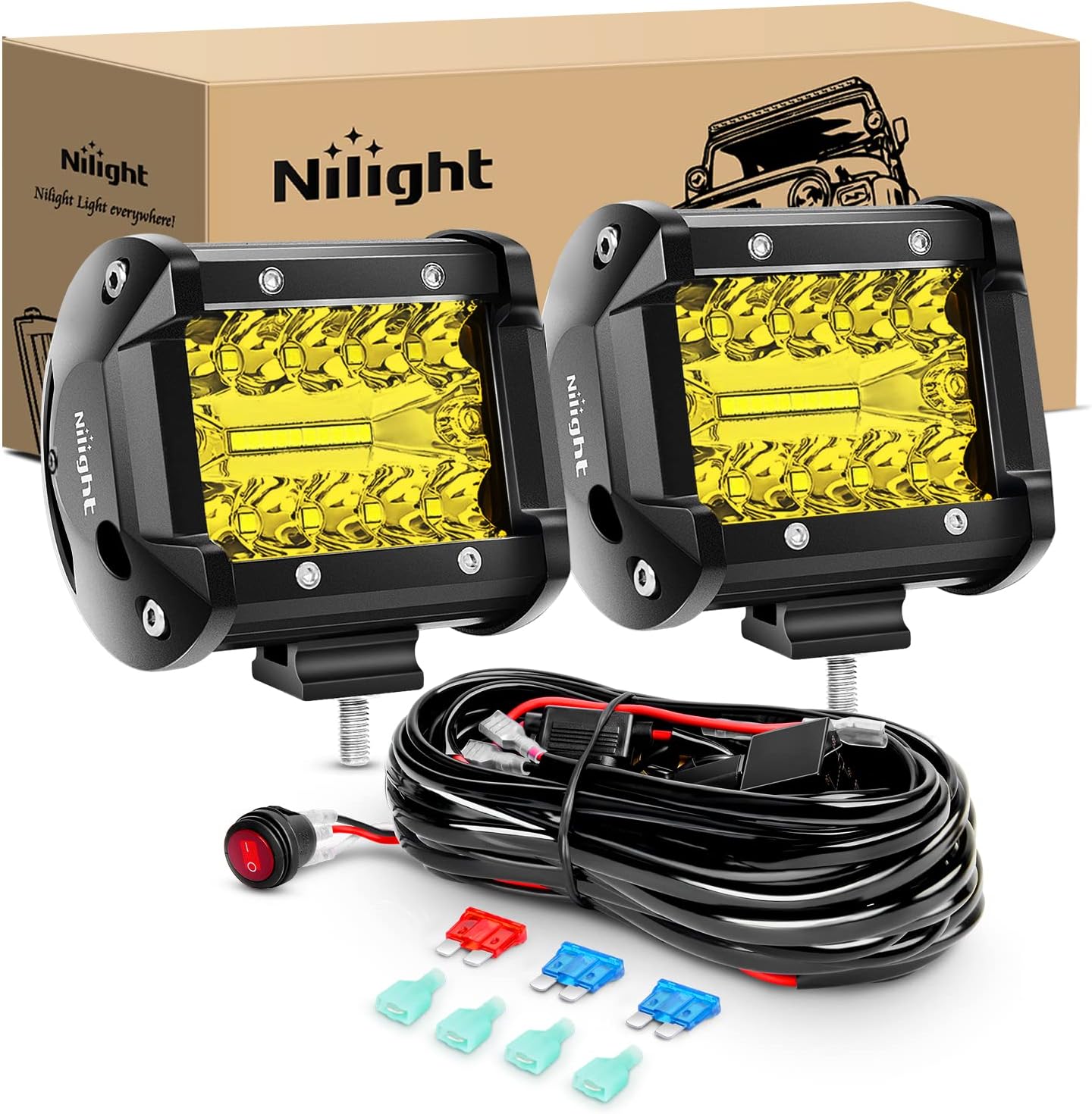 Nilight 2PC 4Inch Yellow Led Pods Triple Row 60W Flood Spot Combo Driving Fog Lights with 16AWG Switch Wiring Harness Kit-2 Leads for Offroad Pickup Trucks ATV UTV SUV, 2 Years Warranty