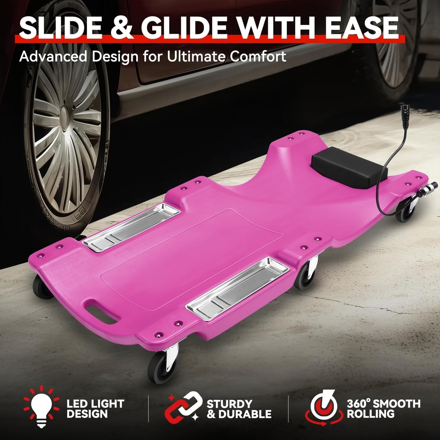 Auto Dynasty 40 Inches Mechanic Creeper, Automotive Garage Repair Low Profile Under Car Rolling Creeper with LED Light and Padded Headrest, Plastic, Purple