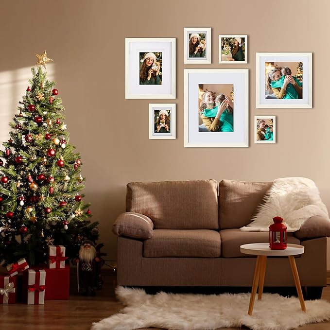 Egofine 4x6 Picture Frames Set of 4, Made of Solid Wood Covered by Plexiglass 3.5x5 with Mat or 4x6 without Mat, for Table Top Display and Wall Mounting Photo Frame Beige