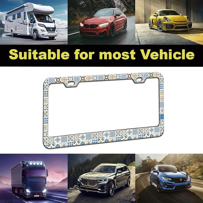 1pcs Vintage European Mediterranean Style Blue and White License Plate Frame for Women, Spanish Style car Decorative tag Frames Girly,Italian Mediterranean License Plate Cover Holder with Keychain tag