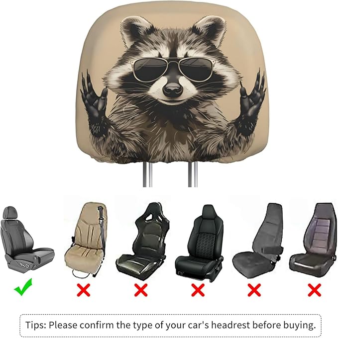 Dujiea 2 Pack Funny Raccoon Car Headrest Covers, Universal Soft Car Seat Head Rest Cover Protector, Vehicle Accessories Fabric Headrest Cover for Cars Vans Trucks