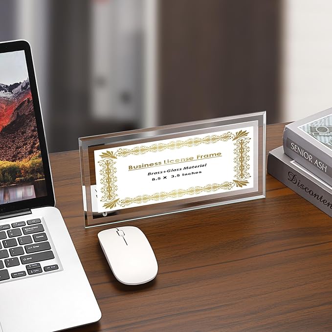 JUXYES 2 Pack Clear Glass Business License Frame for Wall and Tabletop - Display Picture or Retail Licenses, Transparent Certificate Holder for License Cosmetology Salon Esthetician, 3.5 x 8.5 Inches
