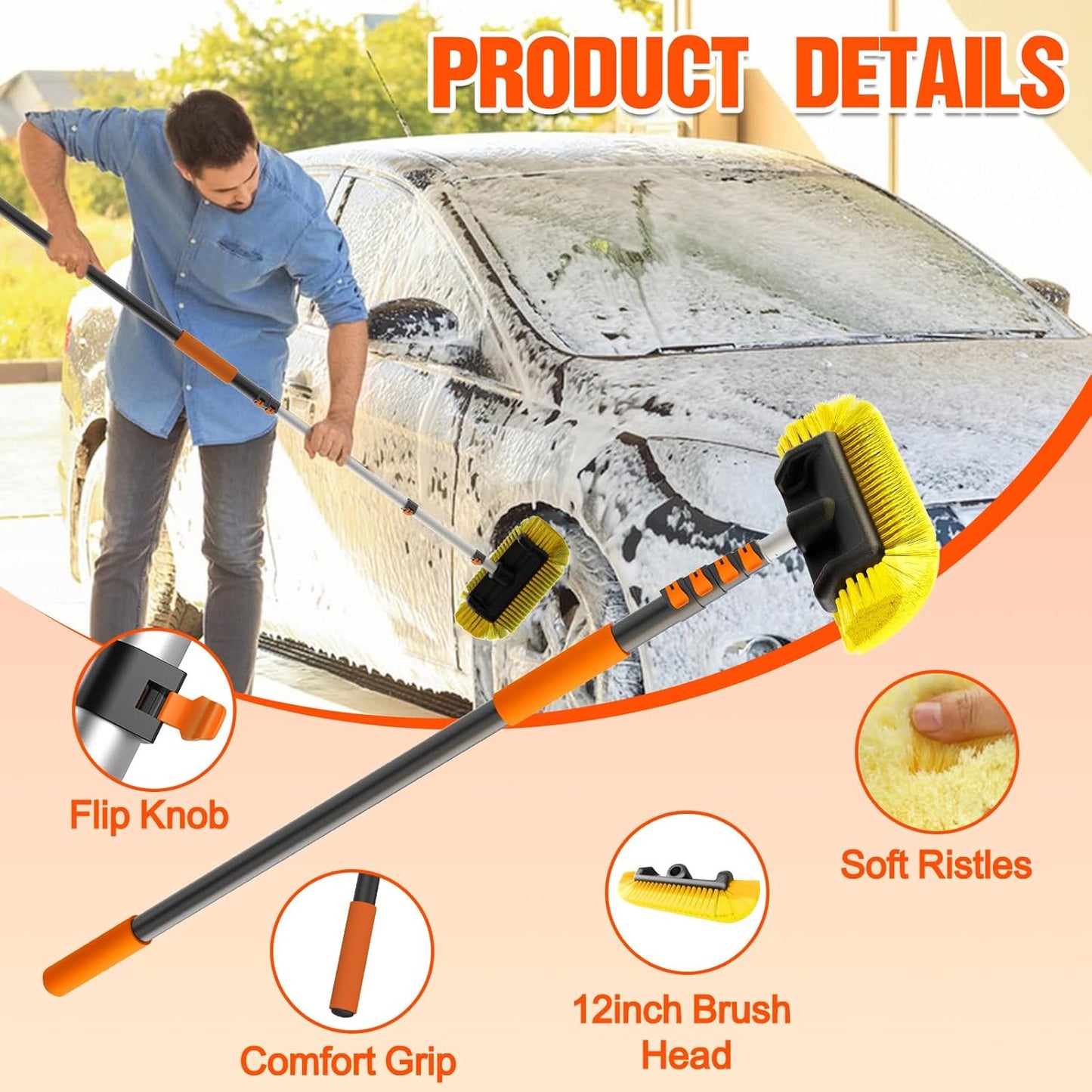 12FT Car Wash Brush with Long Handle, Car Cleaning Brush with 12 Inch Soft Bristle, Solar Panels Cleaner with Telescoping Pole for RV, Truck, Boat, House Siding