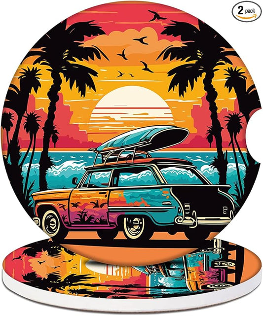 Car Cup Holder Coaster - Sunset Palm Tree Scenery Travel Absorbent Ceramic Coaster, Travel Drink Cup Holder Coasters, Auto Interior Accessories, Drink Cup Holder Coasters for Women & Men Pack of 2