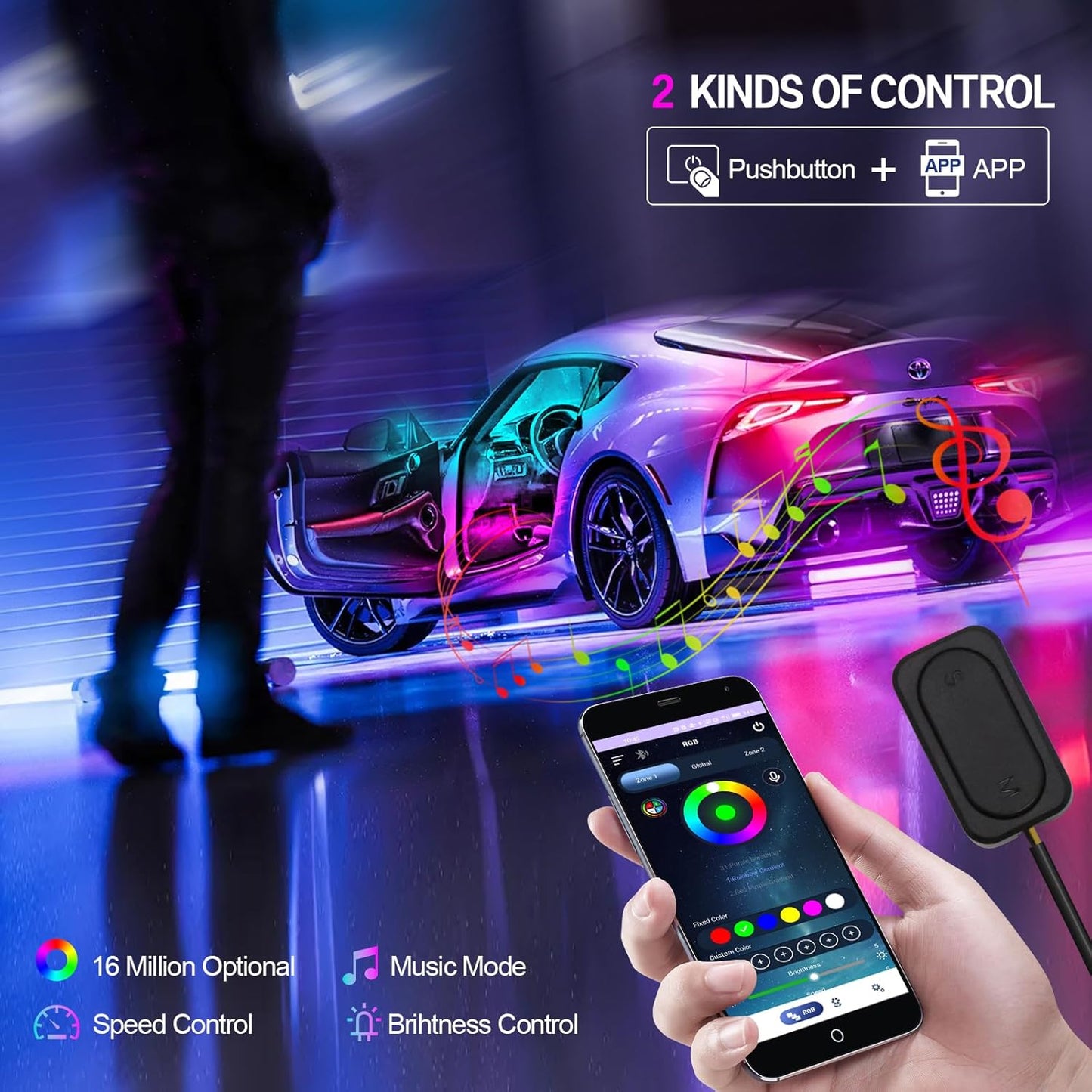 New Version Dreamcolor Acrylic Car Interior Lights 18 in 1 RGB Car Ambient Lighting Kit APP Control Zoned Control System 252 Color Modes DIY 16 Million Colors Music Sound Active Neon LED Strip Lights