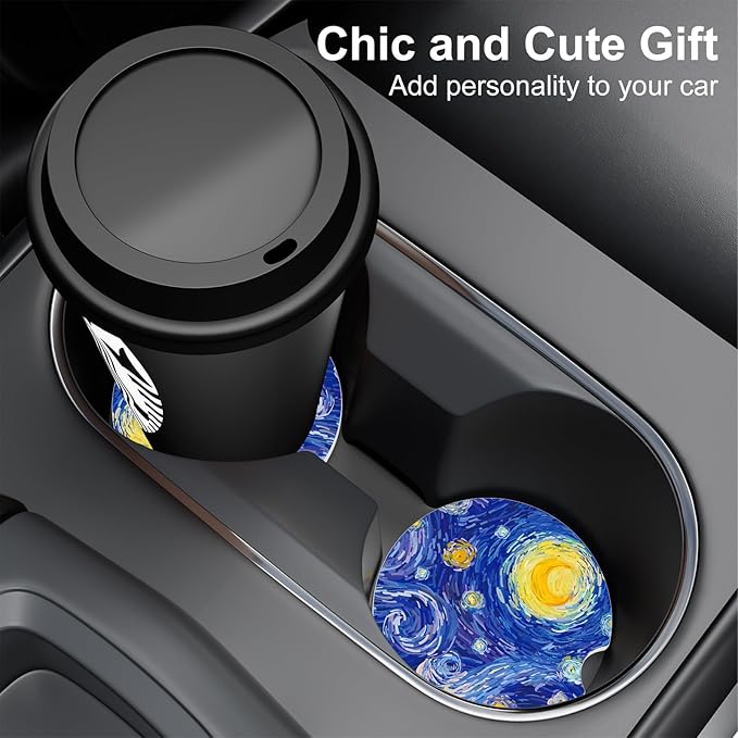 Car Cup Holder Coaster, Car Coasters for Cup Holders, 4 Pack Universal Anti Slip Insert Absorbent Ceramic Auto Interior Accessories with A Finger Notch & Cork Base, Starry Night