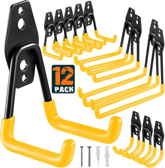 12 Pack Garage Hooks Heavy Duty Utility Steel with Anti-Slip Coating Wall Mount Storage Organizer for Hanging Power and Garden Tools, Ladders, Hose, Bikes, Ropes, Bulk Items, and More
