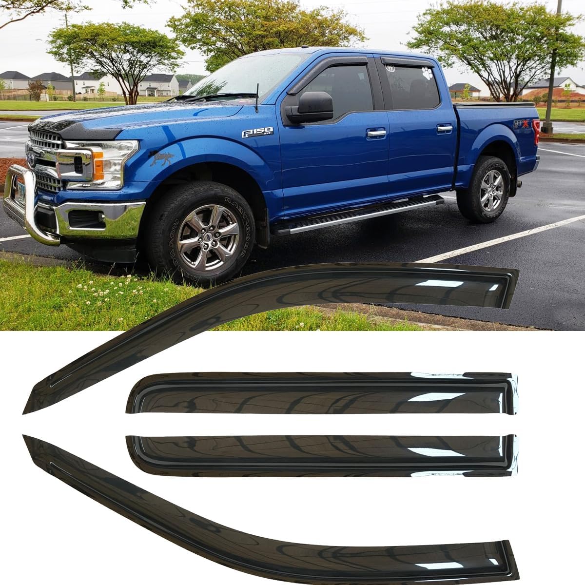 4pcs Shatterproof Rainproof Sun Rain Guards Shield Side Window Wind Deflectors Dark Smoke Vent Window Visors for F-150 04-08 Lincoln Mark LT 06-08 SuperCrew/Crew Cab 94443