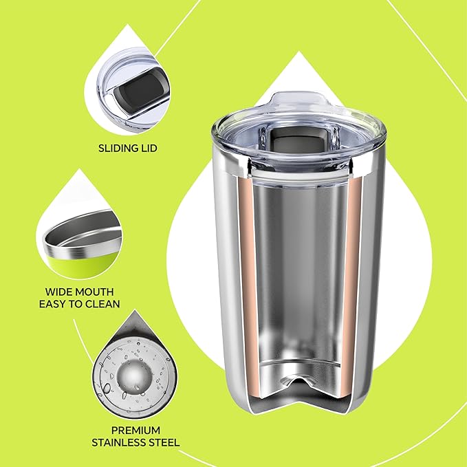 Ideus 20 oz Tumbler, Travel Coffee Mug with Splash Proof Sliding Lid, Double Wall Stainless Steel Vacuum Insulated Coffee Mug for Home and Office, Keep Beverages Hot or Cold, Apple Green