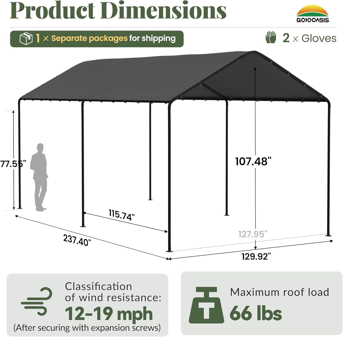 GOJOOASIS 10x20 Carport Heavy Duty Portable Garage Shelter Metal Car Canopy Tent with UV-Resistant & Weatherproof Top Cover for RV & Vehicles (Gray, 10x20 Without sidewalls)
