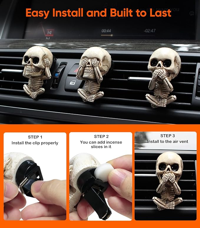 Skull Decor Halloween Car Air Freshener Vent Clips, Goth Decor Interior, Gothic Cool Decoration Horror Skeleton Dashboard Accessories Spooky, Cute Funny Gifts for Men Women