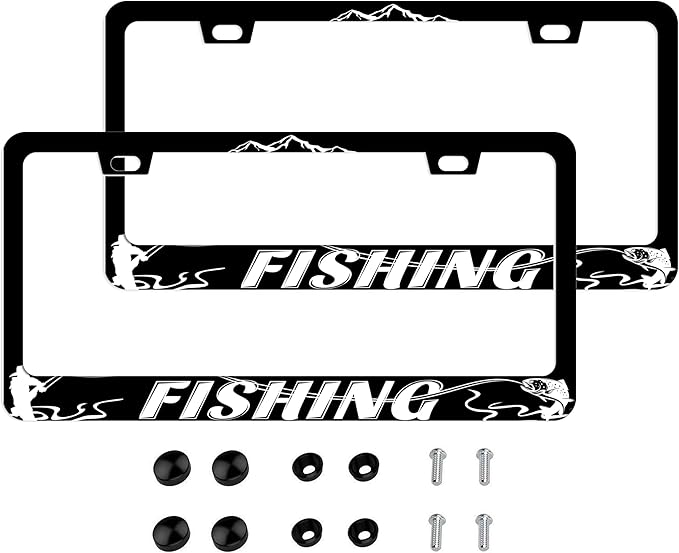 Fishing License Plate Frame Set - Black Thin Front Car Tag Frame 2 Holes for Auto Decorative Gift