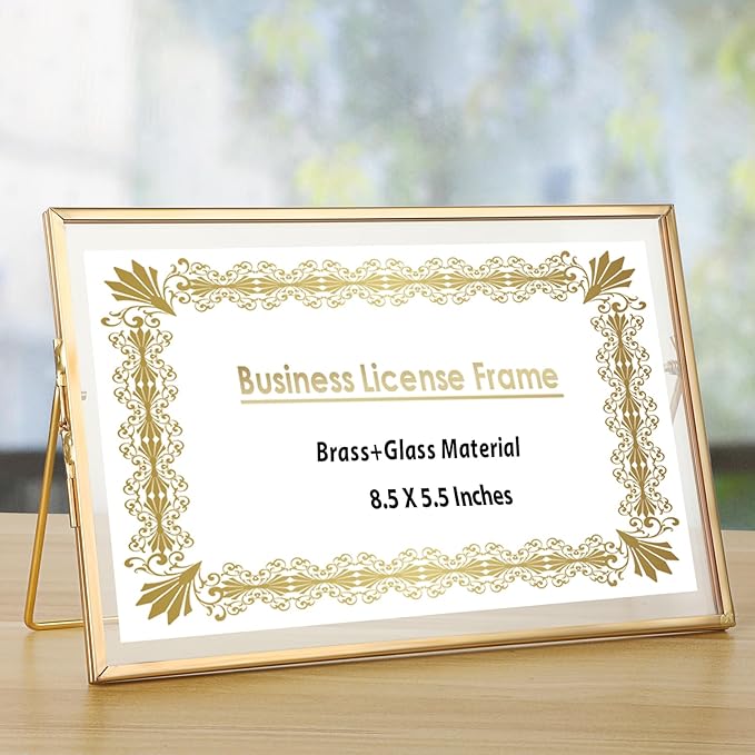 JUXYES Tabletop Business License Frame Brass License Certificate Display Frame, Double Glass Floating Diploma Frames, Desktop Golden Graduation Frames for 5.5x8.5 Certificate Business Licenses