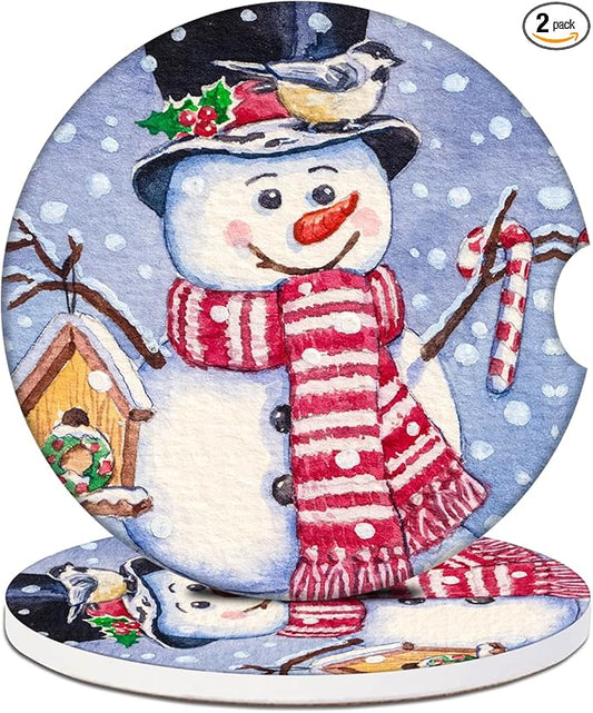 Car Cup Holder Coaster - Christmas Snowman Absorbent Ceramic Coaster, Car Coasters for Cup Holders, Auto Accessories for Women & Men, Pack of 2