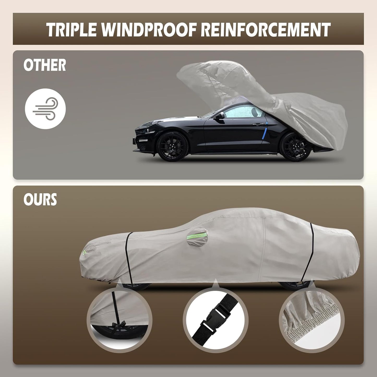 Migaven 6 Layers Car Cover Custom Fit for Ford Mustang 1994-2025, for Chevy Camaro 2010-2025, Waterproof Full Exterior Cover Rain Sun Protection with Door Zipper