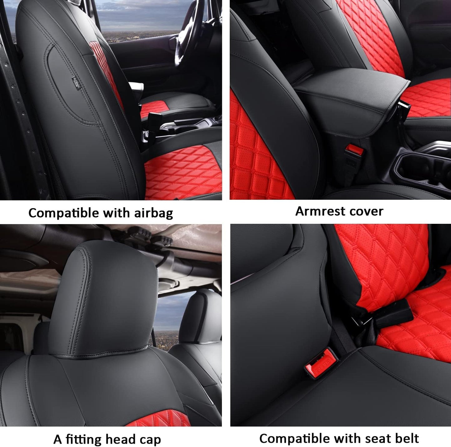 GIANT PANDA Fit Full Set Car Seat Covers for Jeep Wrangler 4 Door JL Sahara Altitude Rubicon 392 Unlimited 2018 2019 2020 2021 2022 2023 2024 2025 with Rear Cup Holder,Faux Leather - (Black+Red)