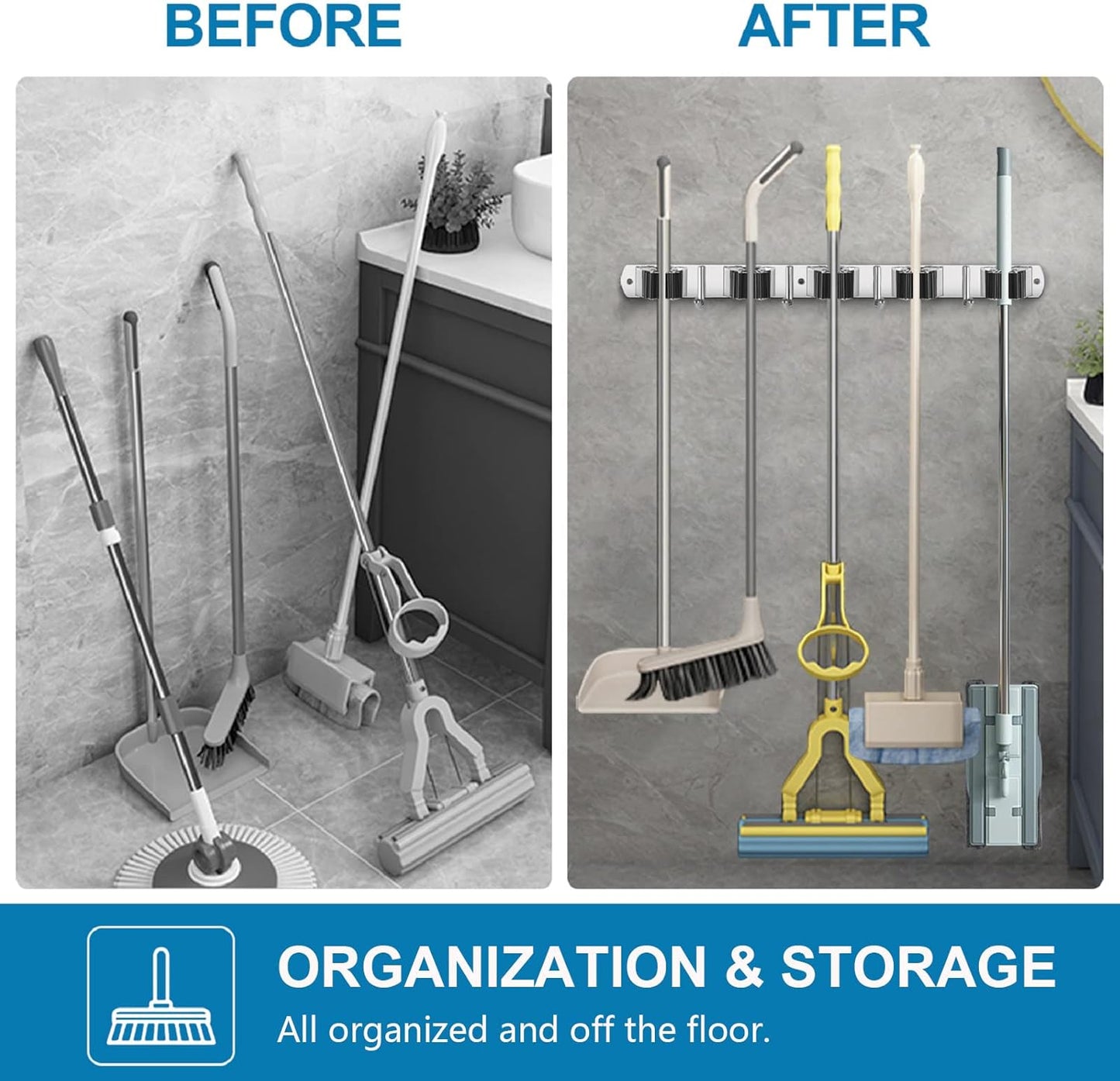 2 Pack Broom Holder Wall Mount Mop and Broom Hanger Broom Organizer Storage Tool Racks Stainless Steel Heavy Duty for Kitchen Garden Laundry Garage (5 Racks with 4 Hooks) (Copy)