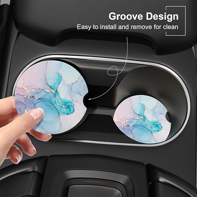 Car Cup Holder Coaster, Car Coasters for Cup Holders, 2 Pack Universal Anti Slip Insert Absorbent Ceramic Auto Interior Accessories with A Finger Notch & Cork Base, Colorful Ink Marble