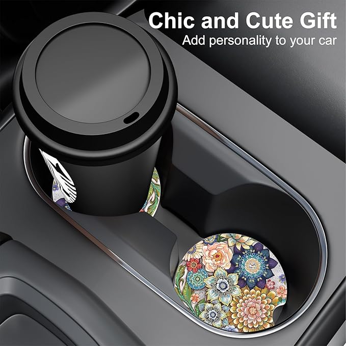 Car Cup Holder Coaster, Car Coasters for Cup Holders, 4 Pack Universal Anti Slip Insert Absorbent Ceramic Auto Interior Accessories with A Finger Notch & Cork Base, Mandala Flowers