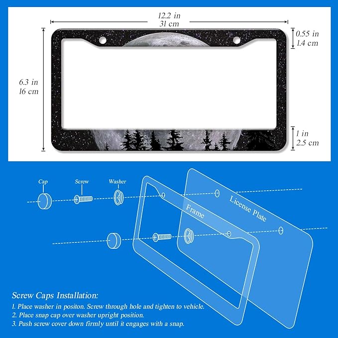 2PCS Full Moon Pattern License Plate Frames for Men Women - Universal Aluminum Stainless Steel Personalized Car Tag Covers Holder with Screws, Caps, Rattle Proof Pads and Handlebar Stickers
