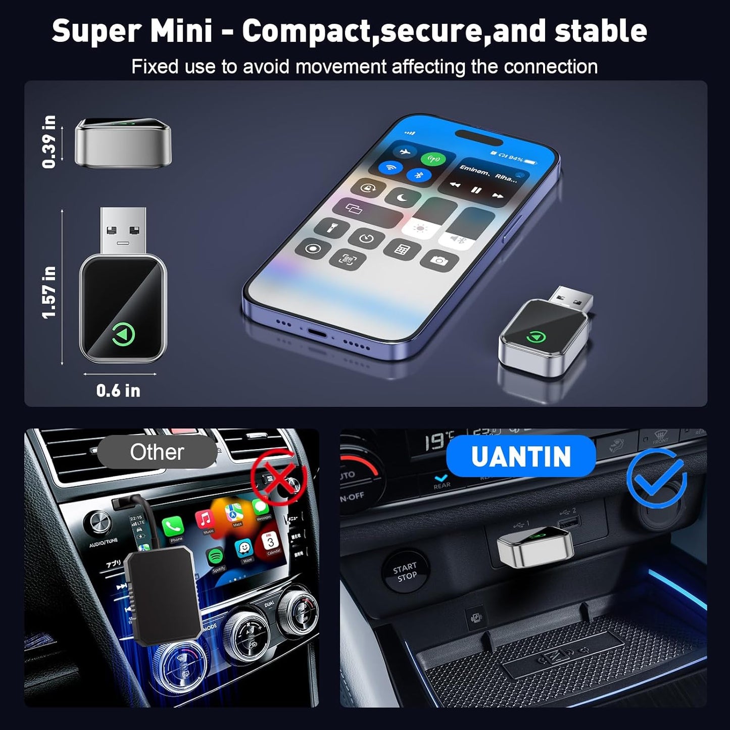 Wireless CarPlay Adapter for Apple iPhone, Fast Auto-Connect, No Latency, Plug and Play, Bluetooth 5.3 & WiFi 6, 2025 Mini Car Play Dongle for iPhone 6~16, Fit for 1000+ Cars, USB A/C