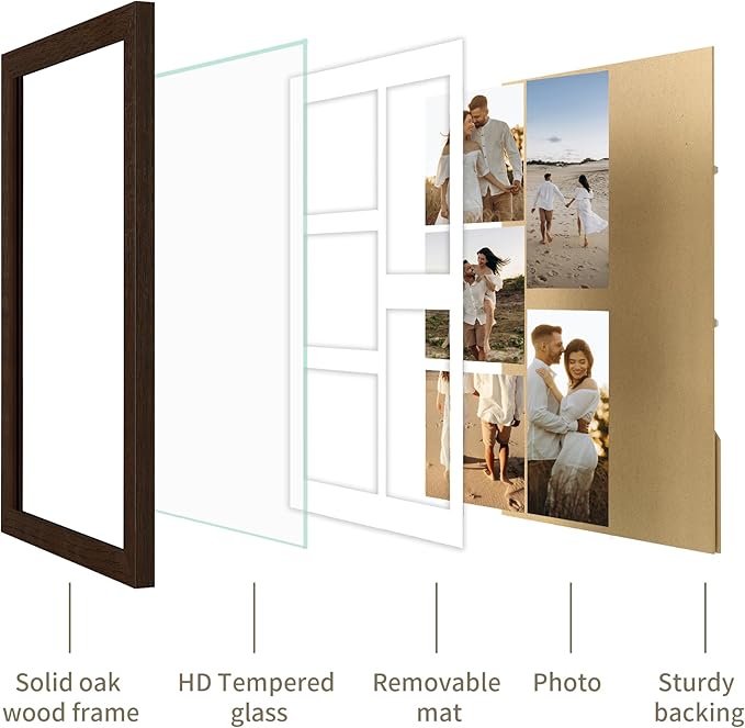 Solid Oak Wood Frame - 11x14 Walnut Wooden Picture Frames with Real Tempered Glass,5 Opening 4x6 with Mat or 11x14 Without Mat for Wall Decor Art Photo(Color Walnut)