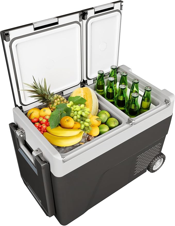 51 QT(48L) Portable Car Fridge, 12V Refrigerator Electric Cooler with Wheels & Handle, Dual Zone -4℉-68°F, App Control, AC/DC Charger, Car Fridge Freezer Coolers for Camping Vehicle Travel