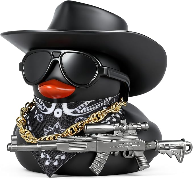 BOZILY Black Rubber Duck Car Ornaments Dashboard Decorations - Cowboy Hat, Sunglasses, Bandana, Gold Chain & Gun Accessory, Squeeze Squeak Sound, DIY Funny Decor for Car Interior