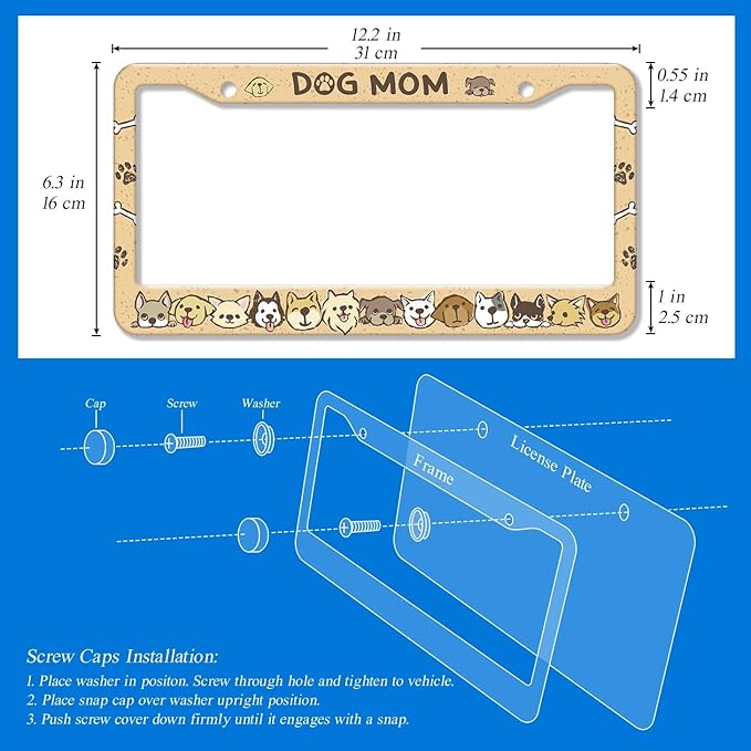 2PCS Yellow Dog Mom Pattern License Plate Frames for Men Women - Universal Aluminum Stainless Steel Car Pet Personalized Tag Covers Holder with Screws, Caps, Rattle Proof Pads and Handlebar Stickers