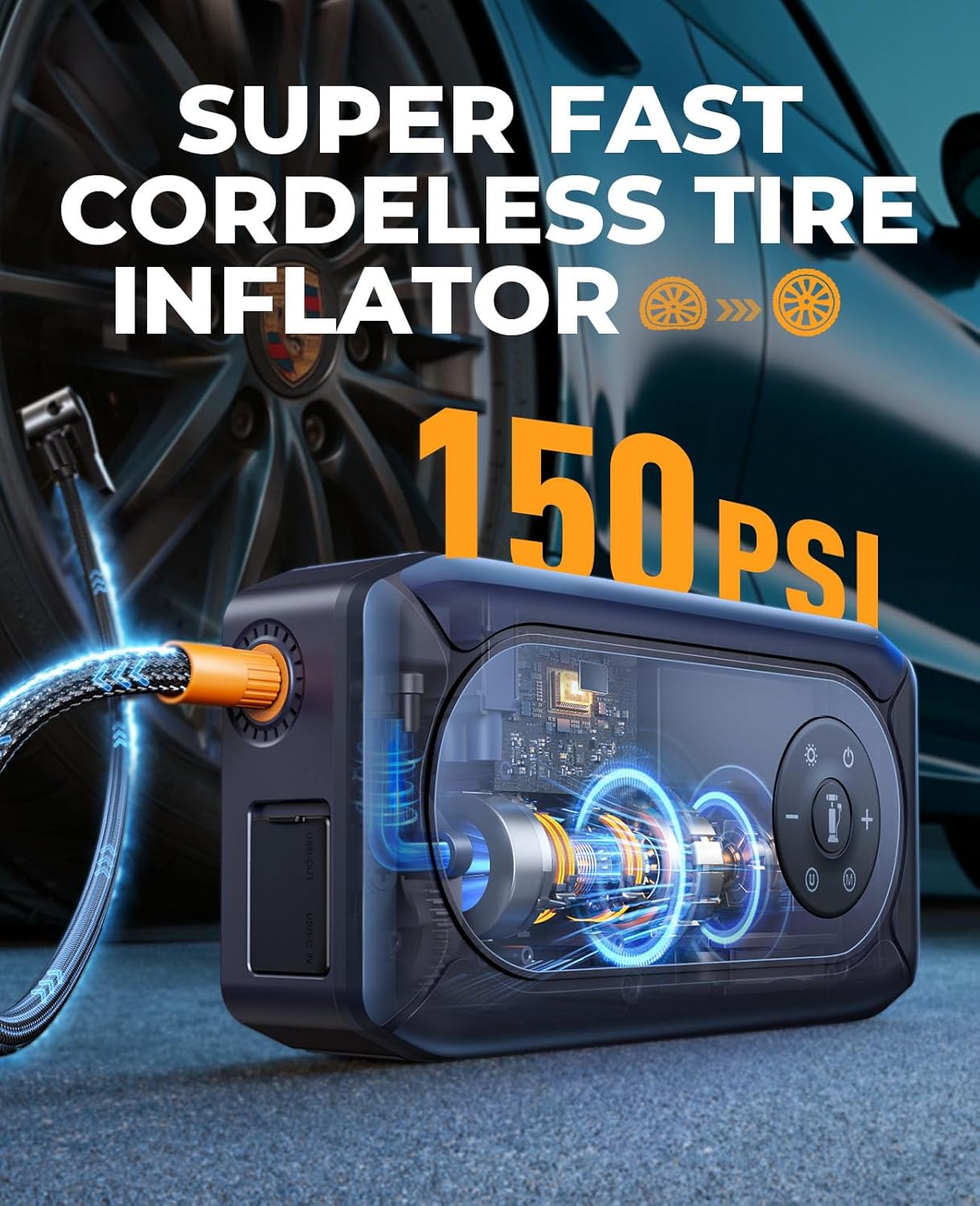 YaberAuto 9-in-1 Jump Starter with Air Compressor 4500A 150PSI Portable Car Battery Jump Starter (9L Gas/8L Diesel), Jump Box Car Battery Jumper Starter Portable Jumper Cables, Insulated Gloves, Light