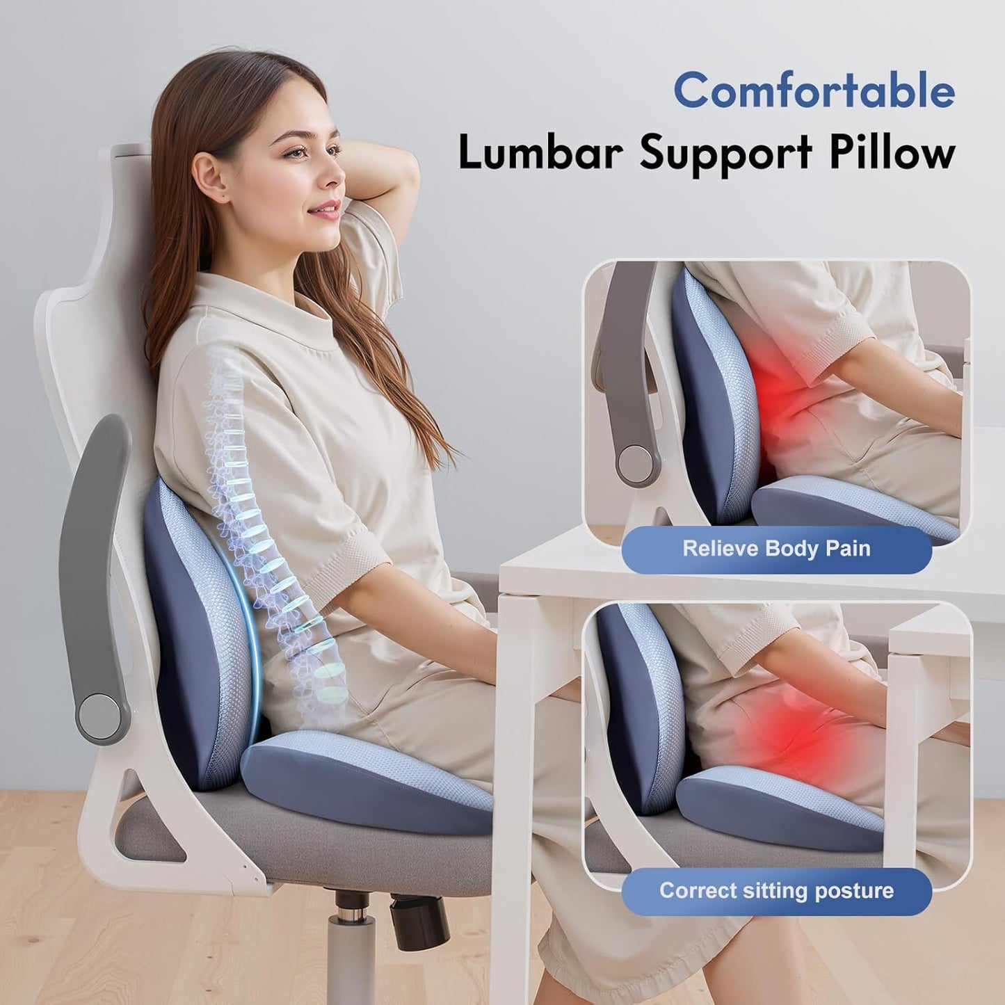 FLORICH Seat Cushion and Lumbar Support Pillow for Office Chair Car, Ergonomic Memory Foam Back Support for Office Gaming Chair Driving Seat Wheelchair, Relieves Neck, Back & Sciatica Pain – Blue