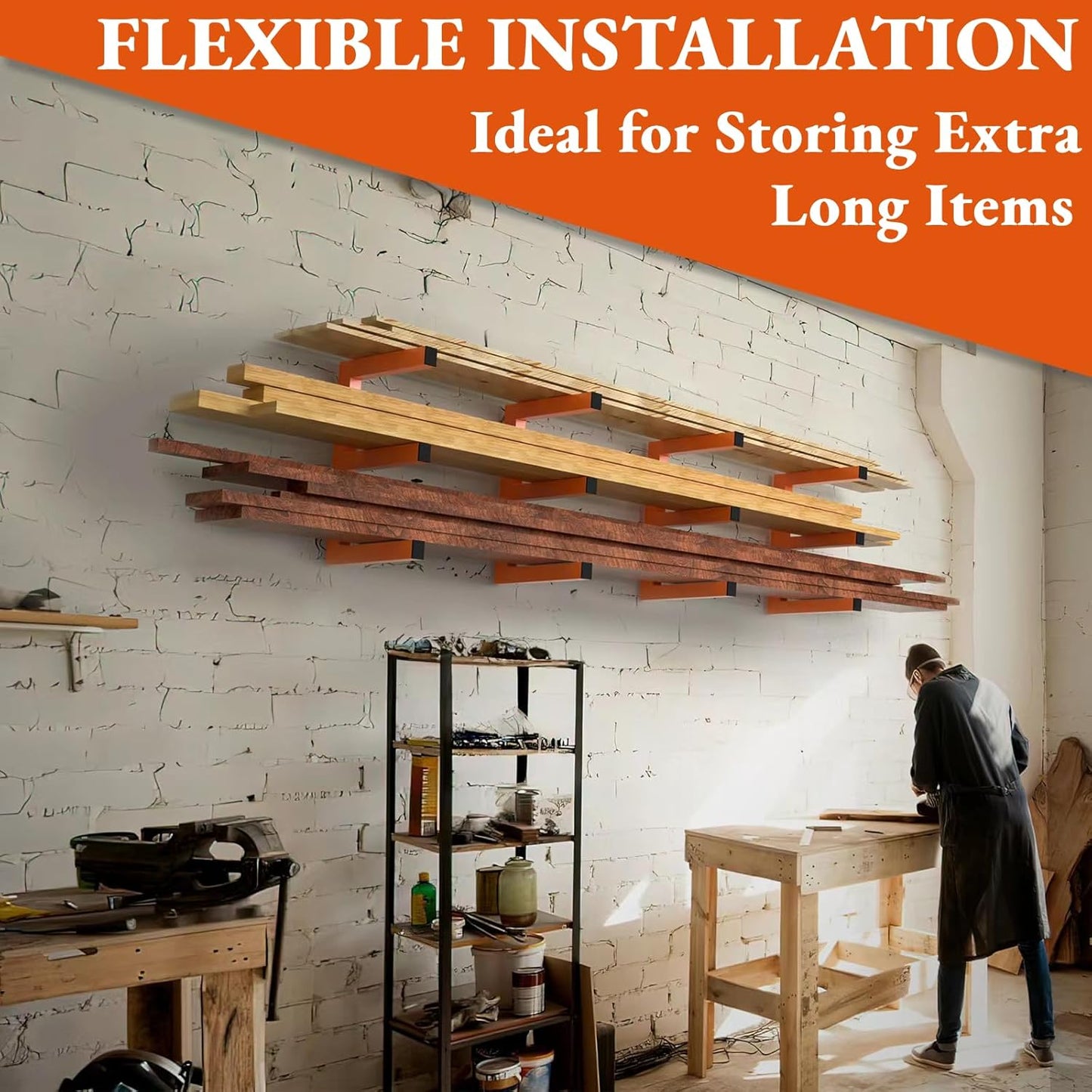 Heavy Duty Lumber Storage Rack Wall Mount, Metal Wood Rack Organizer with 6-Level Each Shelf Holds Up 200 Lbs, Indoor & Outdoor Use - 4pack