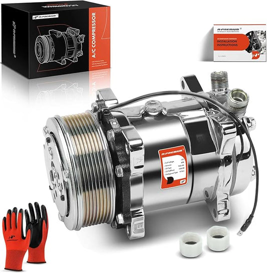 A-Premium Fit for Sanden 508 8PK Style, Universal A/C Compressor with Clutch, 8 Groove Serpentine Belt, Chrome Plated Aluminum Housing