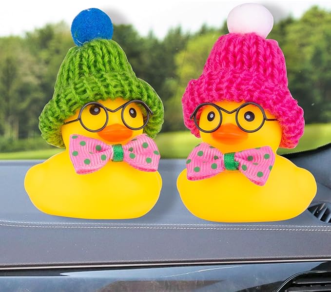 Car Rubber Duck Ornament, Winter Duck Car Dashboard Decoration with Mini Beanie Hat Bow Tie and Glasses(C2)