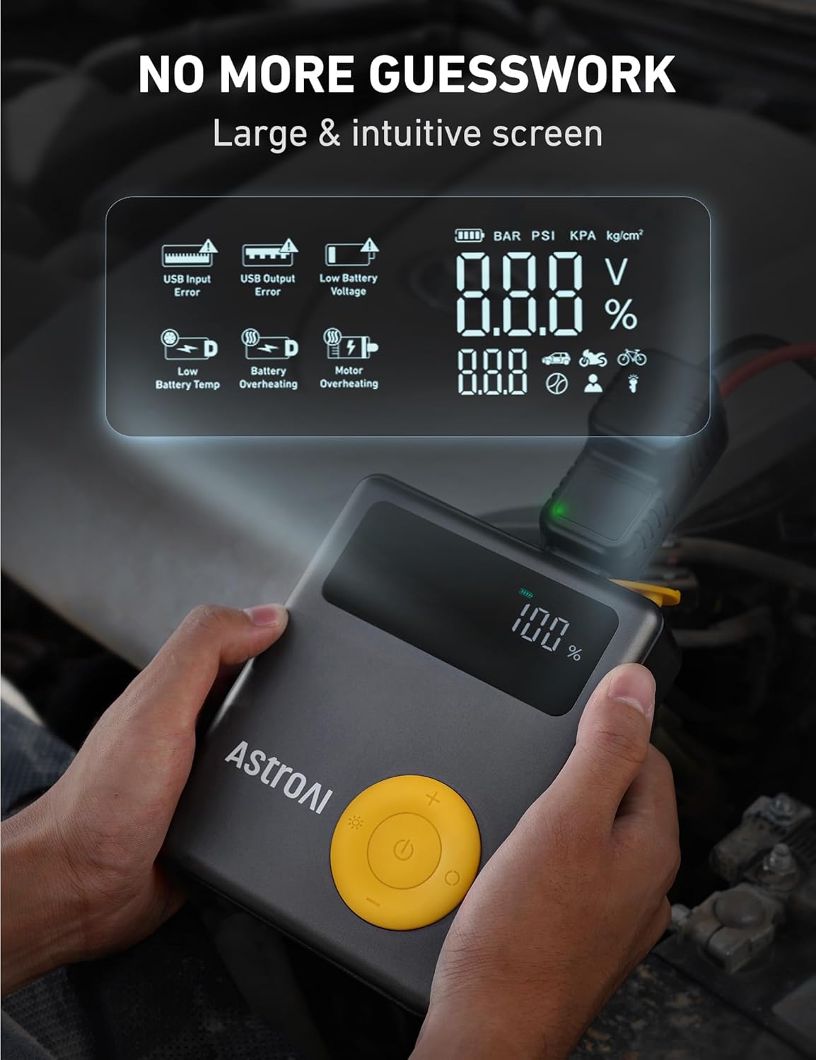 AstroAI Portable Car Jump Starter with Air Compressor, 150PSI 1750A Car Jumper Starter Battery Pack with Cordless Tire Inflator (7.5 Gas/5.0L Diesel), 12V Jump Box, Large LCD Display, Lights(Yellow)