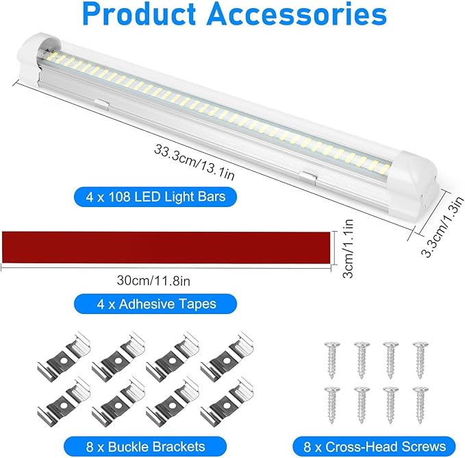 Linkstyle 4PCS 12V Interior LED Light Bar, Super Bright 12V LED Light Strip with Switch, 108 LEDs 1800LM Enclosed Trailer Lamp Lighting for Car RV Camper Boat Energy Efficient