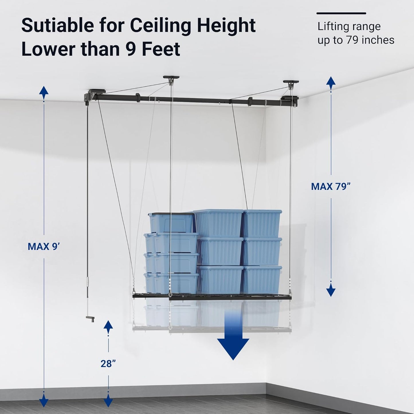 FLEXIMOUNTS GL1 Overhead Garage Lifting Storage Rack, 4x4 Ft Heavy-Duty Metal Garage Ceiling Rack, Adjustable Organization System With 71''L Axle, 300lbs Weight, Black
