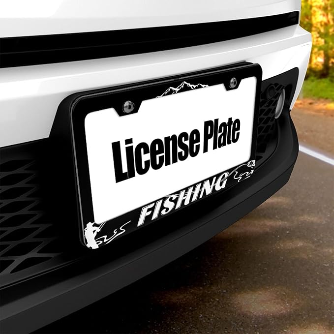 Fishing License Plate Frame Set - Black Thin Front Car Tag Frame 2 Holes for Auto Decorative Gift