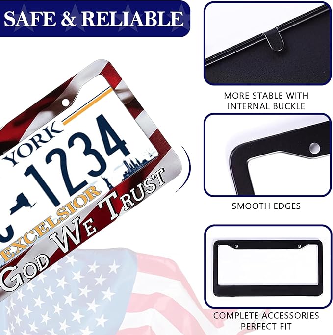 LIN KANG in God We Trust Christian License Plate Frames - 2 Pack American Flag Design Car Plate Holder Cover Universal Accessories License Plate Aluminum Car Tag Frames for Women Men US Vehicles