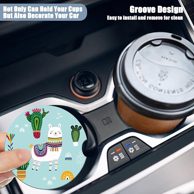 Car Cup Holder Coaster - Alpaca Plants Absorbent Ceramic Coaster 2 Pack, Car Coasters for Cup Holders, Fashion Car Interior Accessories Drink Coaster for Women & Men