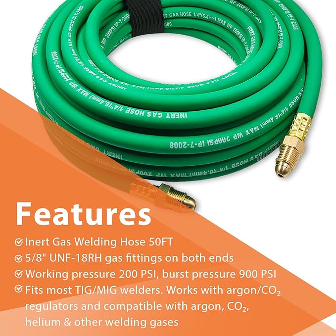 50FT Argon Gas Hose, Inert Gas Welding Hoses for MIG/TIG Welding Regulator，Argon/CO2 Flowmeter Regulator Hose, 5/8" UNF-18RH, NPT Fittings, Welding Accessories for MIG/TIG Welder
