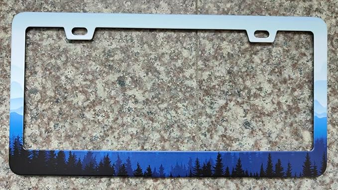 2pcs Mountain License Plate Frame for Women,Natural Pine Forest Mountain Horizon Landscape car Decorative tag Frames Girly,Blue Botanical License Plate Cover Holder for Vehicle with car Keychain tag