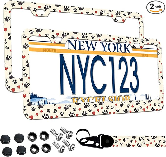 2-Pack Dog Cat Paw License Plate Frames, 2 Holes Cute paw Print Aluminum License Plate Holder for Women Man, Pink Heart License Plate Cover fits US Vehicles 12.3" x 6.3" with Keychain Wrist Lanyard