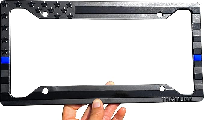 TACTILIAN American Flag License Plate Frame - Subdued 3D Embossed USA Flag in Black Gloss on Matte Finish for Car, Truck or SUV (Thin Blue Line)