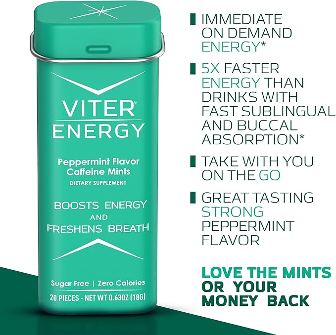 Viter Energy 40mg Caffeine Mints - Sugar Free, B Vitamins, Vegan, Boosts Fast Energized Alert Focus, Caffeinated Nootropic Supplement Pills (Peppermint Flavor, 20pcs, 6 Pack, 120pcs Total)